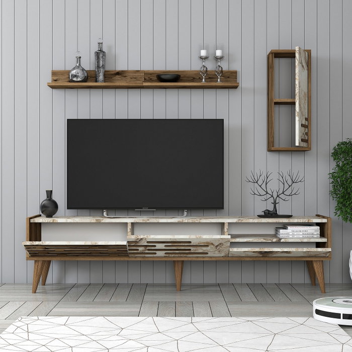 Hanah Home Valensiya Mueble de TV - Nogal, Blanco, Mármol